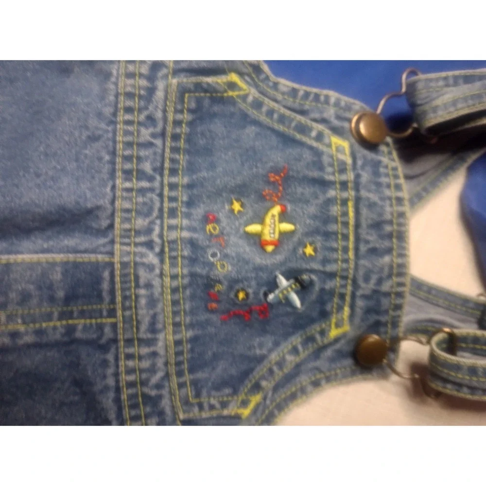 Vtg 18 Month Denim Overall Bibs Aeroplane Embroidered With Shirt‎
